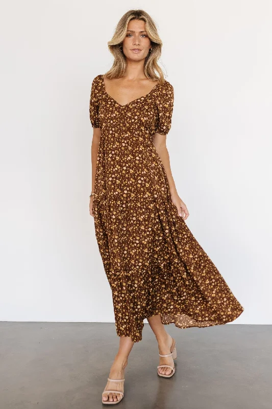 Gables Puff Sleeve Maxi Dress | Brown Multi Fashionable Printed Maxi Dress