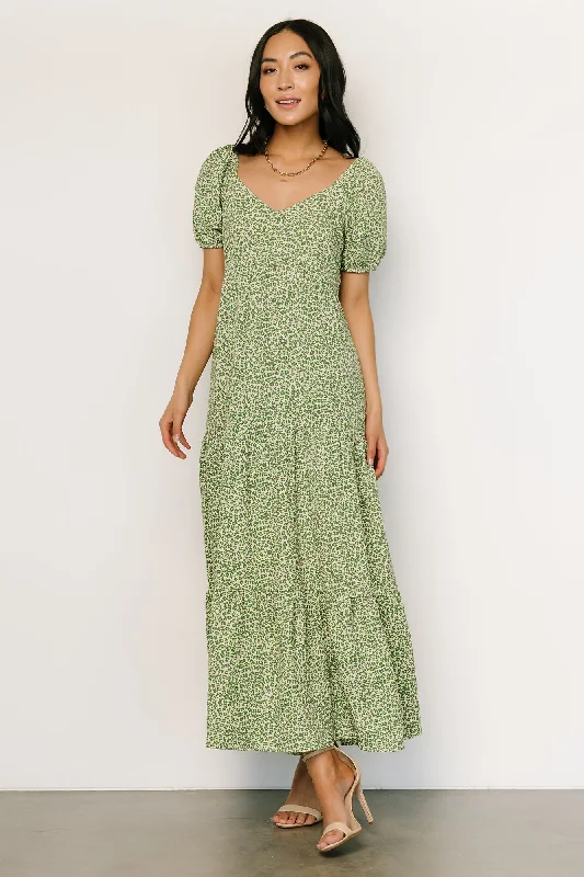 Gables Puff Sleeve Maxi Dress | Green Multi Comfortable Fitted Maxi Dress