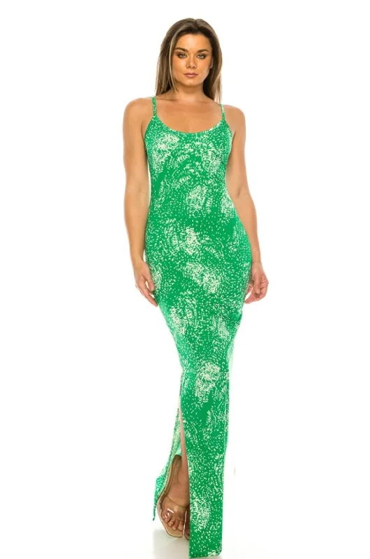 Green floral print side slit maxi dress Trendy Ruffled Maxi Dress