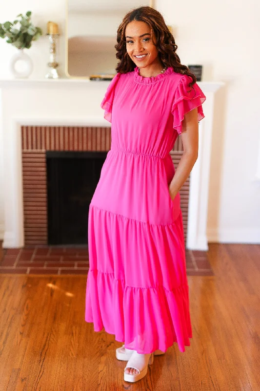 Perfectly You Hot Pink Mock Neck Tiered Chiffon Maxi Dress (Open Pack) Fashionable Asymmetrical Maxi Dress