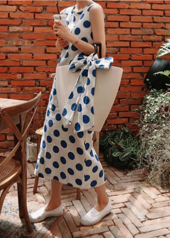 Italian Blue Dot Print Cinched Side Open Cotton Maxi Dresses Sleeveless Stylish Pleated A-Line Maxi Dress