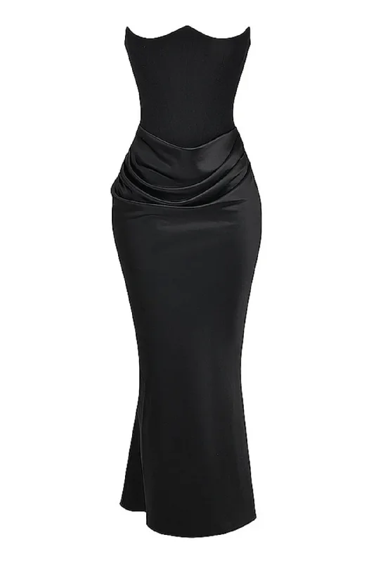 A&A Luxe Elegant Satin Strapless Draped Corset Maxi Dress Trendy Maxi Dress with Belt