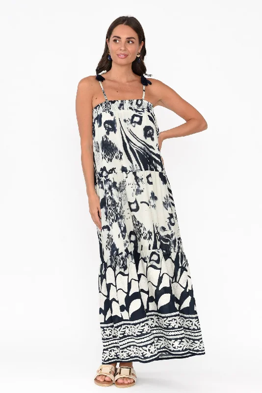 Kenya Navy Abstract Cotton Maxi Dress Elegant Velvet Maxi Dress