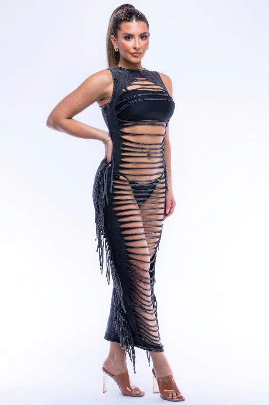 Fringe Cut Out Maxi Dress Stylish One-Shoulder Maxi Dress