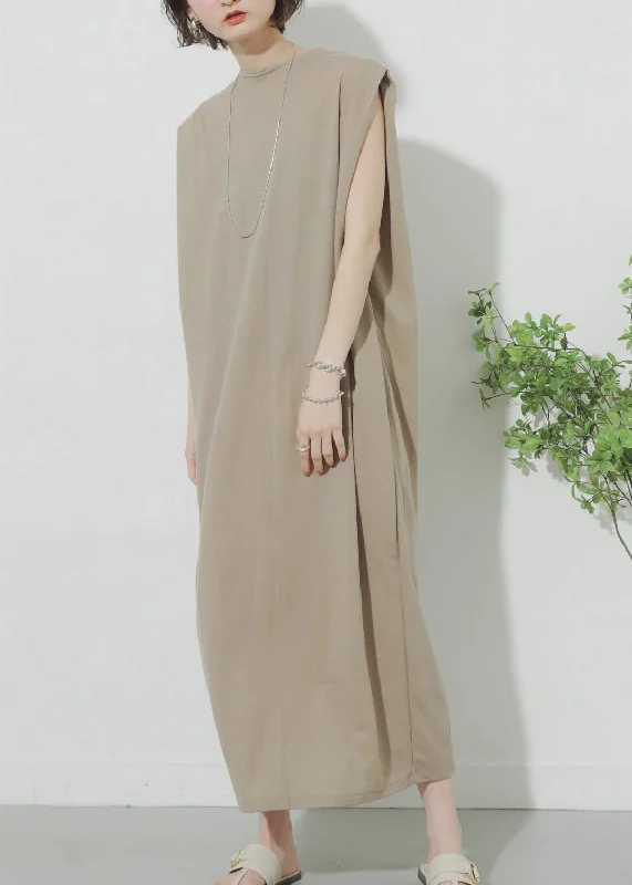Khaki O-Neck Solid Maxi Dress Summer Chic Boho Print Maxi Dress