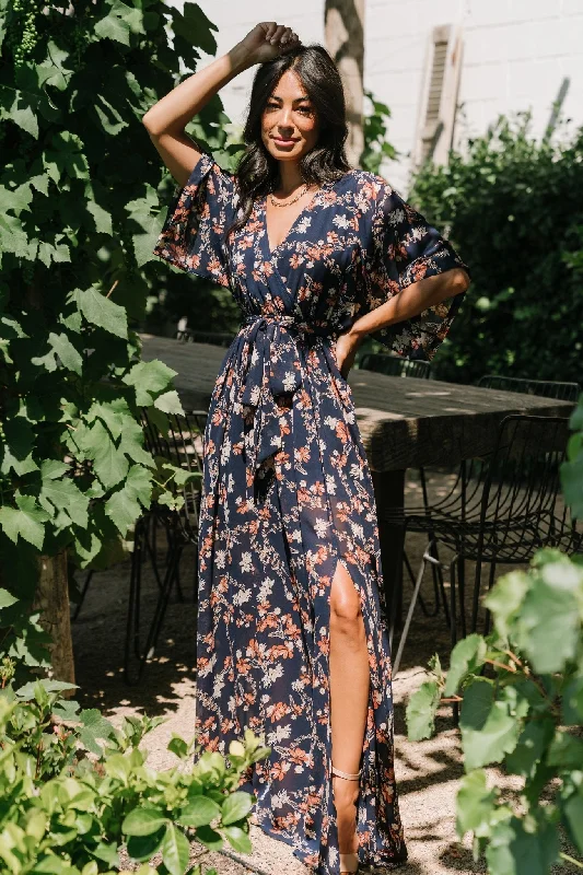 Kia Kimono Maxi Dress | Dark Blue Floral Classic V-Neck Maxi Dress
