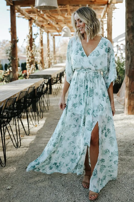 Kia Kimono Maxi Dress | Sage Floral Comfortable Pleated Maxi Dress