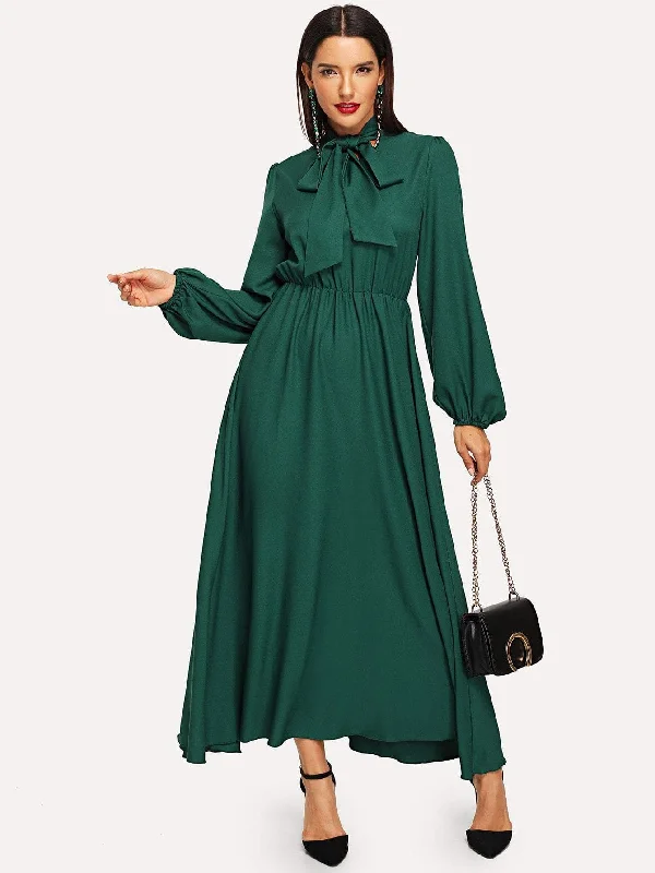 Lantern Sleeve Tie Neck Maxi Dress Comfortable Flowy Maxi Dress