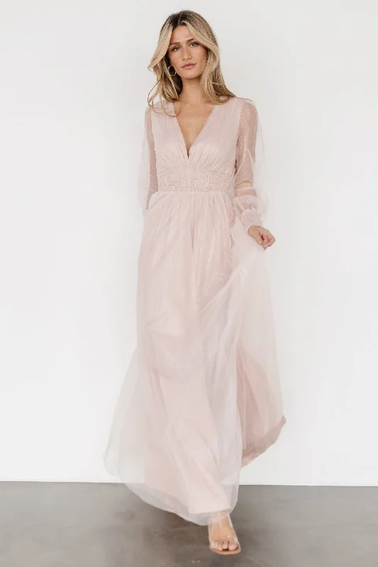 Layla Tulle Maxi Dress | Shimmer Pink Cozy Maxi Dress with Slit