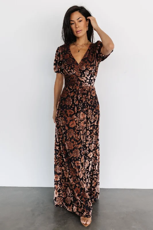 Leslie Velvet Maxi Dress | Black + Bronze Trendy Fit-and-Flare Maxi Dress