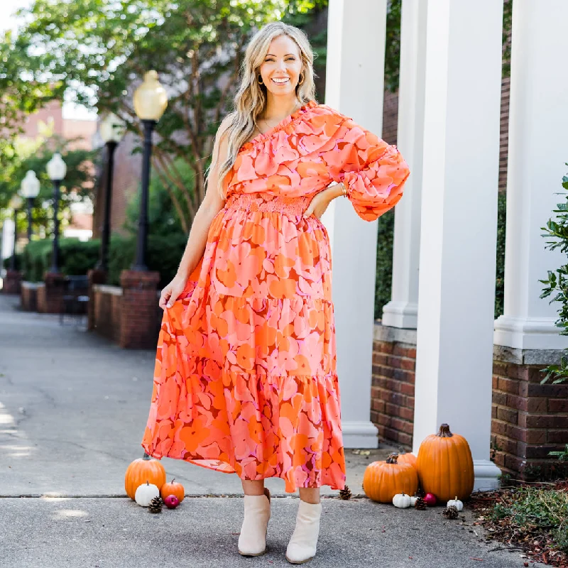 Love In The Moment Maxi Dress, Orange Floral Classic Tulle Maxi Dress