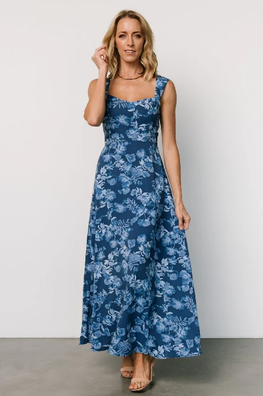 Mandy Maxi Dress | Blue Floral Fashionable Off-Shoulder Maxi Dress