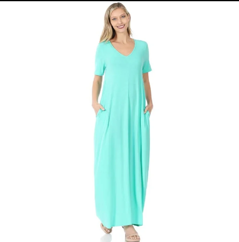 Mint short sleeve maxi dress with pockets Cozy Knitted Maxi Dress