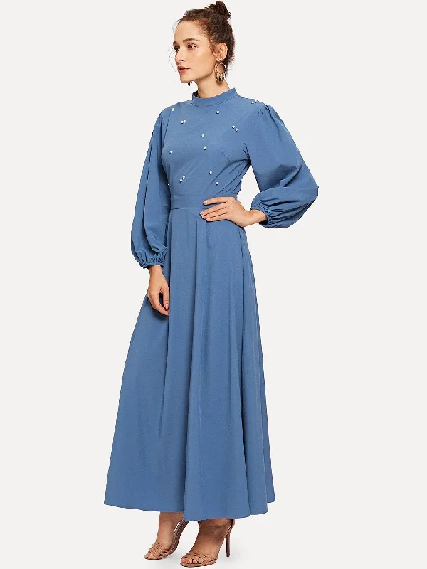 Mock Neck Pearl Embellished Open Back Maxi Dress Stylish Empire Waist Maxi Dress