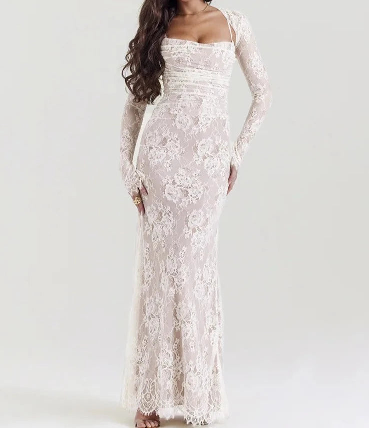 A&A Elegant Lace Long Sleeve Maxi Dress Casual Maxi Dress with Pockets
