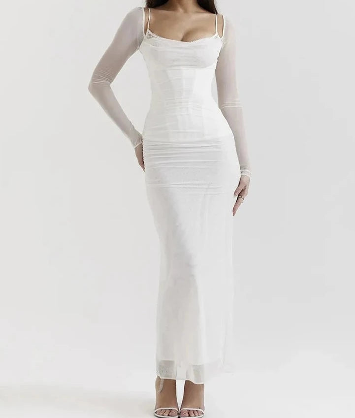 A&A Elegant Sheer Long Sleeve Bustier Maxi Dress Fashionable Faux Wrap Maxi Dress