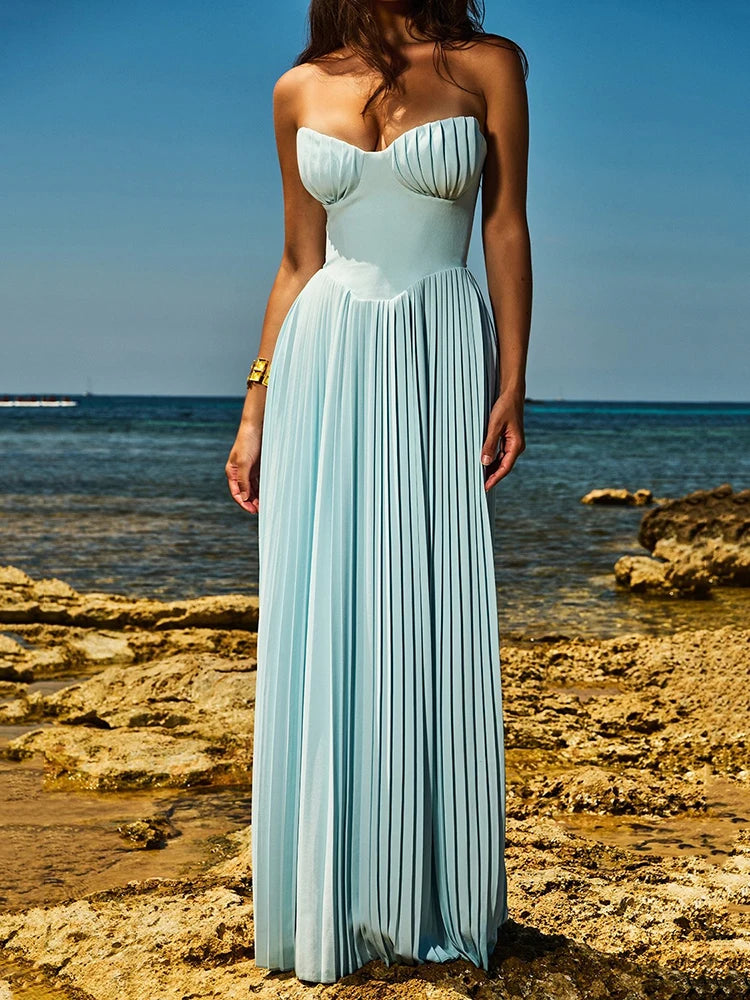 A&A Luxe Strapless Pleated Maxi Dress Trendy A-Line Maxi Dress