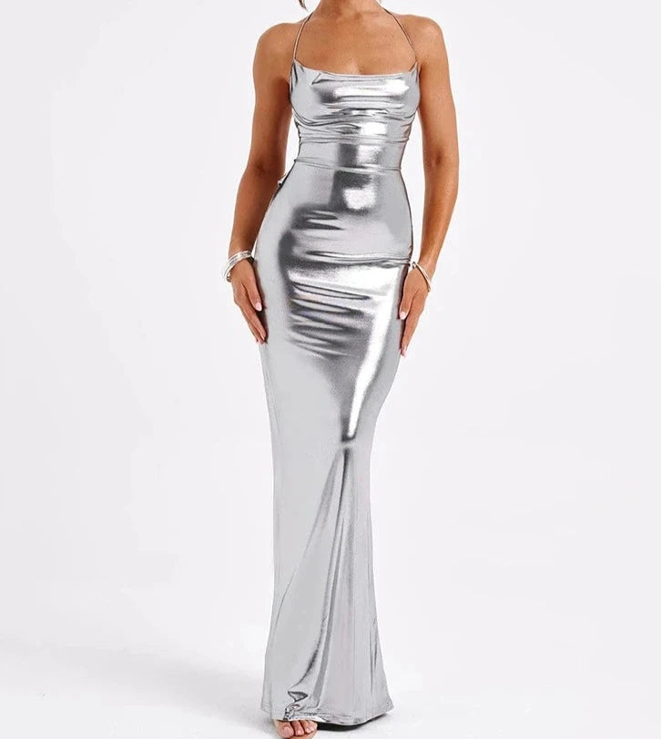 A&A Metallic Backless Cowl Neck Maxi Dress Elegant Maxi Dress with Drapes