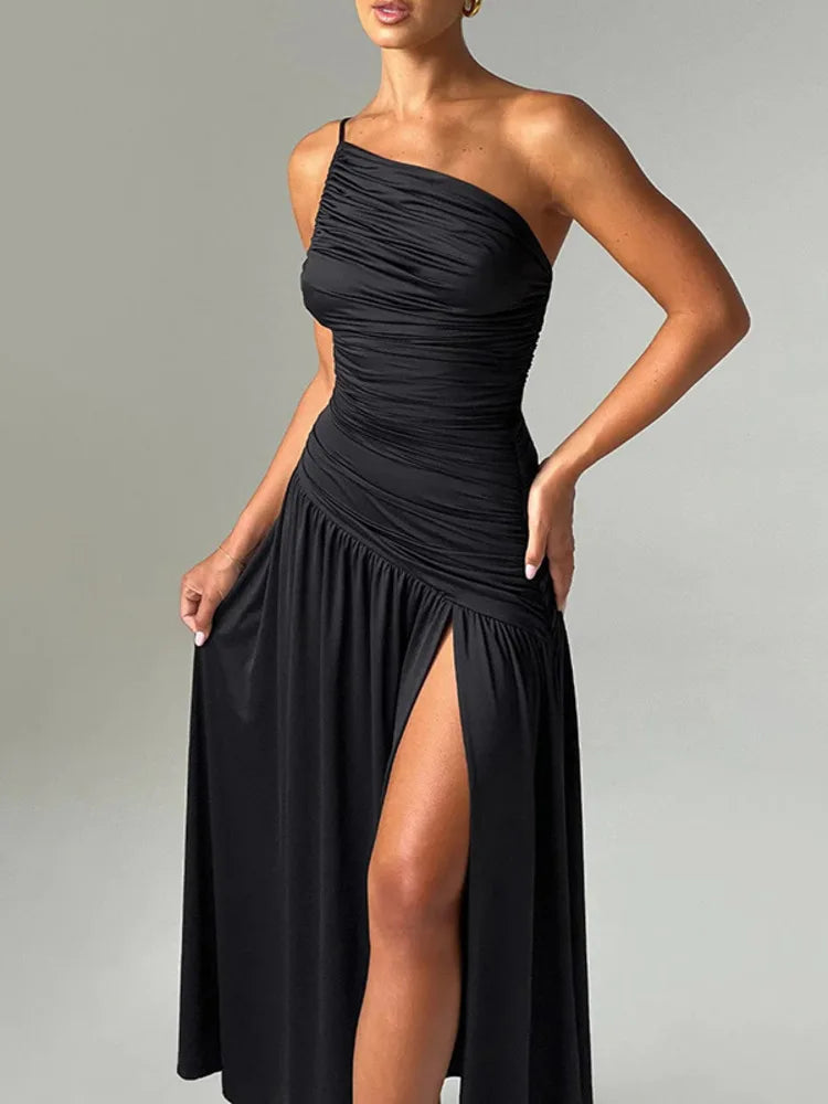 A&A High Split One Shoulder Strap Backless Maxi Dress Comfortable Ruffle Maxi Dress