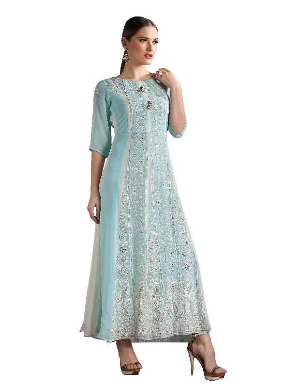 Ocean Blue Chikankari Embroidered Long Maxi Dress Fashionable Printed Maxi Dress