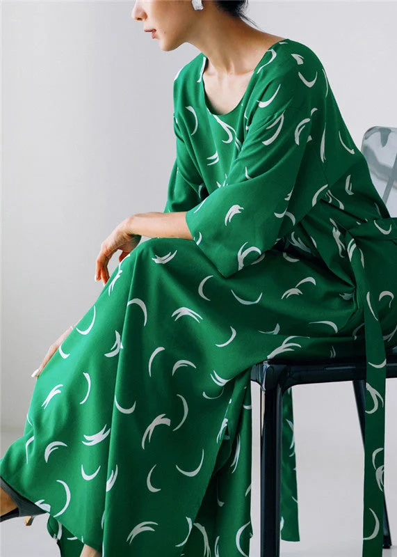 Organic Green O-Neck Print Silk Maxi Dress Long Sleeve Trendy Floral Print Maxi Dress