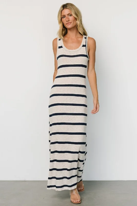 Palawan Striped Maxi Dress | Cream + Navy Stylish Off-Shoulder Maxi Dress