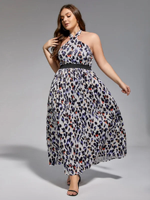 Plus Leopard Print Halter Elastic Waist Maxi Dress Elegant Velvet Maxi Dress