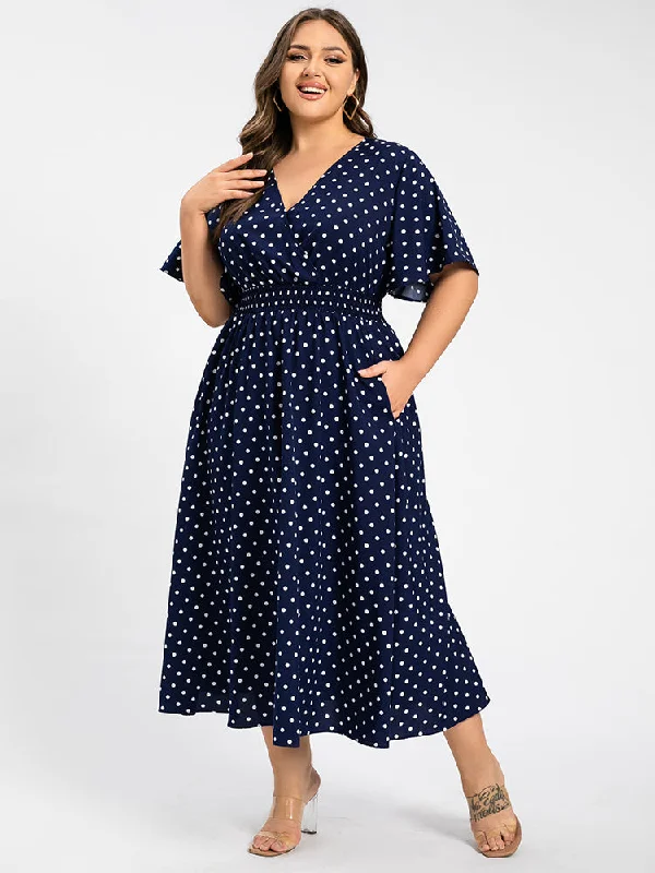 Plus Polka Dot Crisscross V-Neck Elastic Waist Ruffle Hem Maxi Dress Trendy Short Sleeve Maxi Dress Plus Polka Dot Crisscross V-Neck Elastic Waist Ruffle Hem Maxi Dress Trendy Short Sleeve Maxi Dress