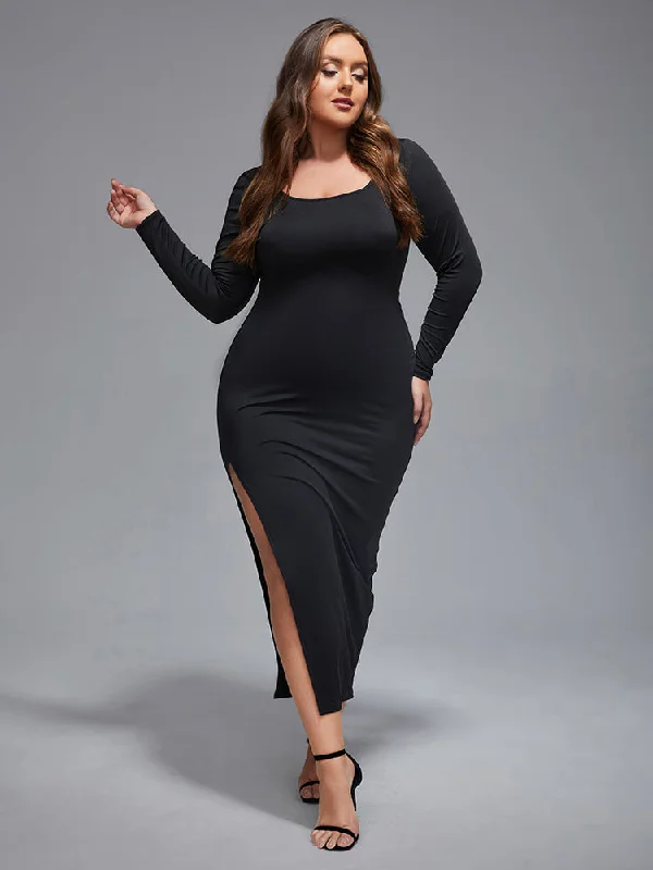 Plus Side Split Round Neck Bodycon Maxi Dress Stylish Boho Maxi Dress