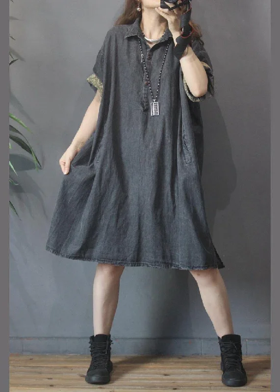 Plus Size Black Grey Turn-down Collar Button Summer Maxi Dresses Comfortable Ruffle Hem Maxi Dress Plus Size Black Grey Turn-down Collar Button Summer Maxi Dresses Comfortable Ruffle Hem Maxi Dress