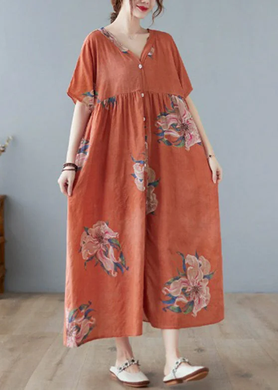 Plus Size Orange V Neck Maxi Dress Short Sleeve Fashionable High-Waist Maxi Dress