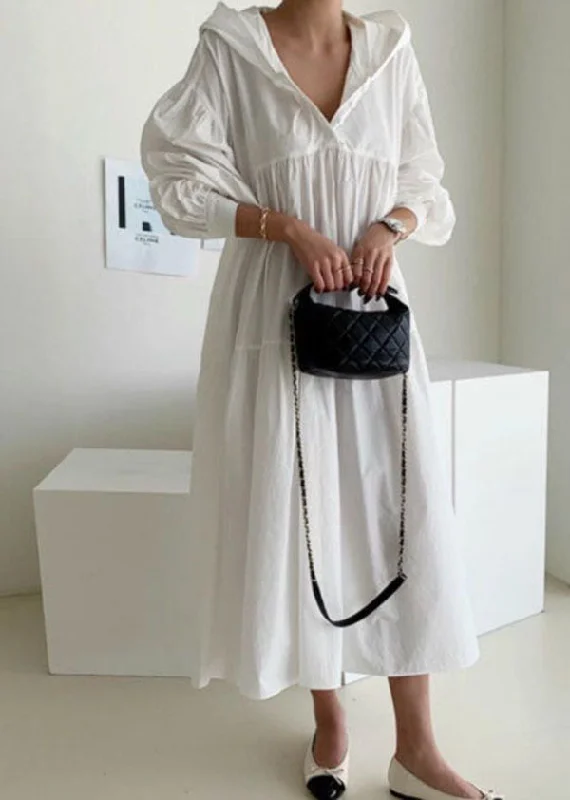 Plus Size White Hooded Patchwork Cotton Maxi Dress Spring Stylish A-Line Maxi Dress