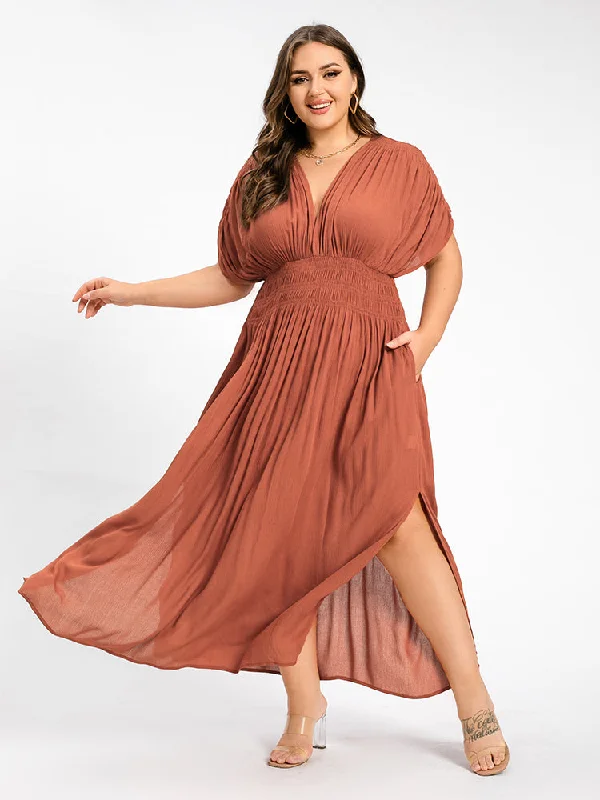 V-Neck Batwing Sleeve Pocket Ruched Waist Maxi Dress Comfortable Fit-and-Flare Maxi Dress V-Neck Batwing Sleeve Pocket Ruched Waist Maxi Dress Comfortable Fit-and-Flare Maxi Dress