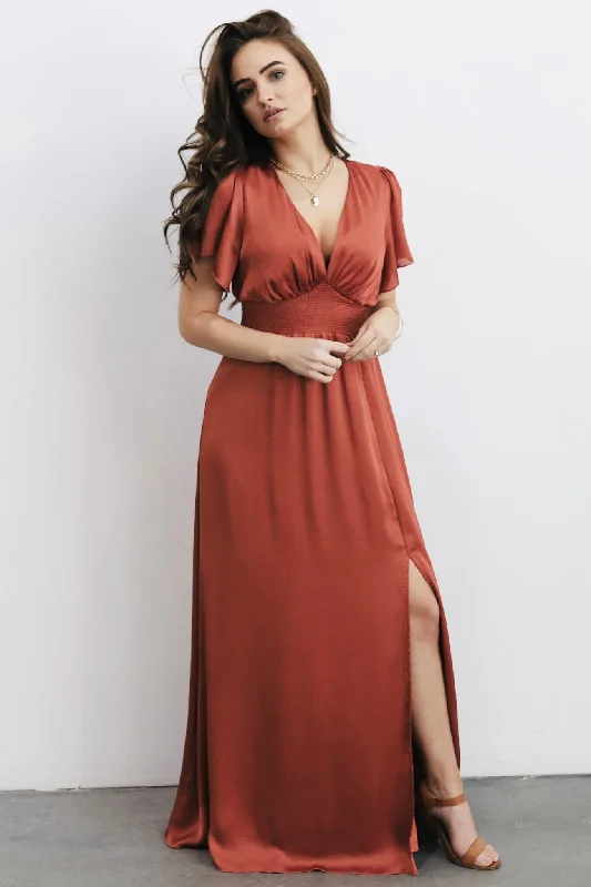 Prague Satin Maxi Dress | Rust Comfortable Maxi Dress with Slits