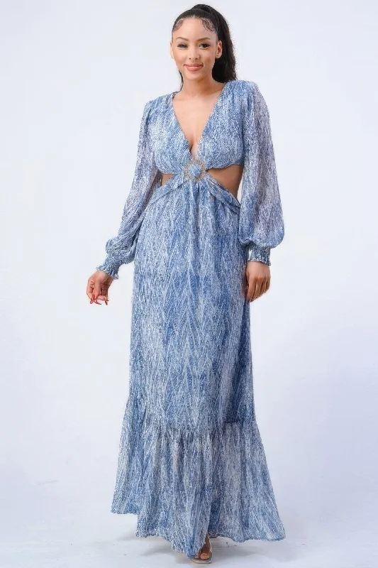 Printed V Neck Self Belted Side Cut Out Ruffled Maxi Dress Cozy Open-Back Maxi Dress Printed V Neck Self Belted Side Cut Out Ruffled Maxi Dress Cozy Open-Back Maxi Dress