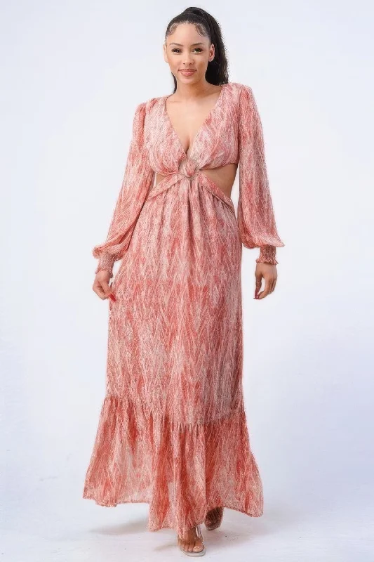 Printed V Neck Self Belted Side Cut Out Ruffled Maxi Dress Comfortable Casual Maxi Dress