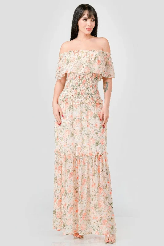 Floral Chiffon Off Shoulder Smocked Back Ruffled Tiered Maxi Dress Trendy Maxi Dress with Bow Floral Chiffon Off Shoulder Smocked Back Ruffled Tiered Maxi Dress Trendy Maxi Dress with Bow
