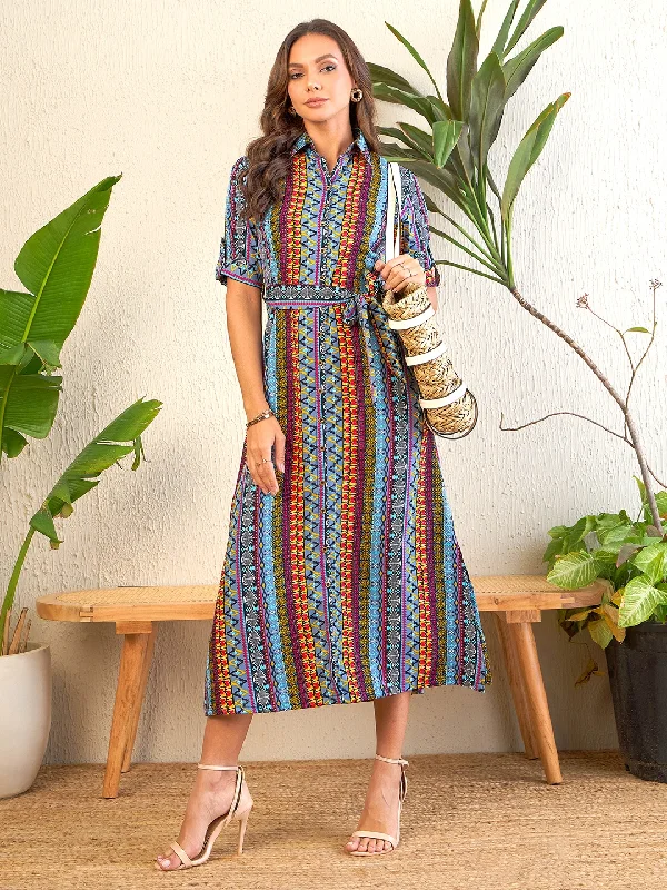 Collar Buttoned Down Shirt Maxi Dress Elegant Maxi Dress with Lace