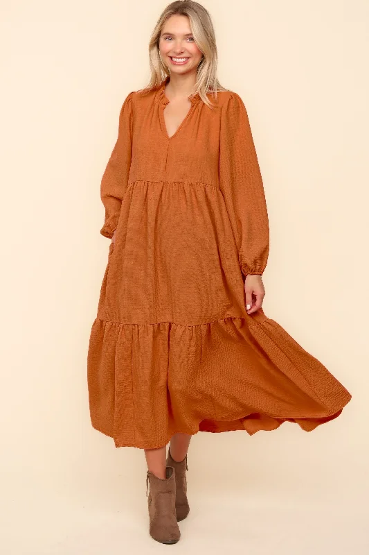 PUMPKIN BABYDOLL WOVEN MAXI DRESS WITH SIDE POCKETS Elegant Maxi Dress with Drapes