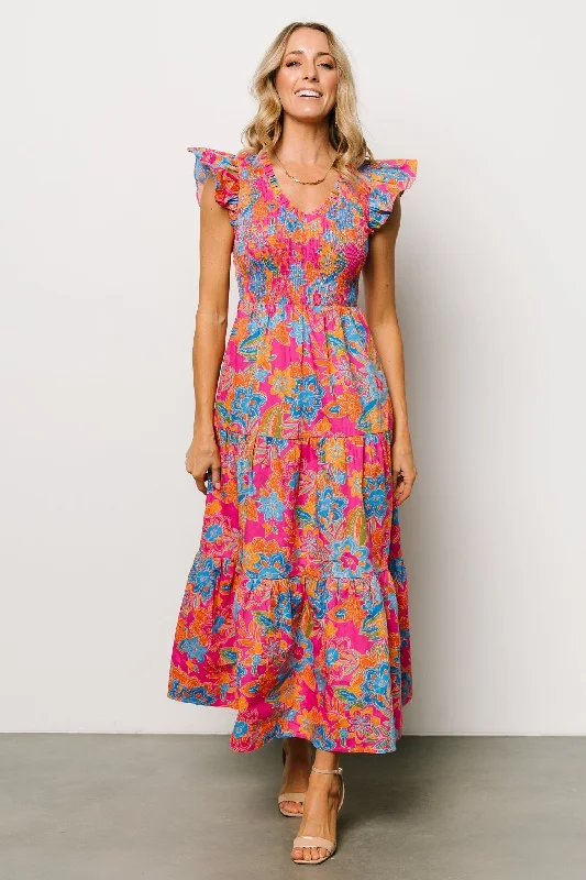 Ranchero Smocked Maxi Dress | Pink Multi Fashionable Open-Back Maxi Dress