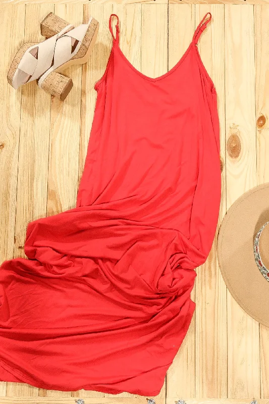 Red Pocketed Maxi Dress (1-2-0) Fashionable Halter Neck Maxi Dress