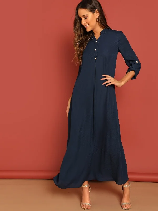 Rolled Tab Sleeve Button Front Maxi Dress Trendy Off-Shoulder Ruffle Maxi Dress