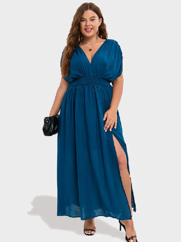 V-Neck Dolman Sleeve Ruched Split Pocket Maxi Dress Elegant Maxi Dress with Pockets
