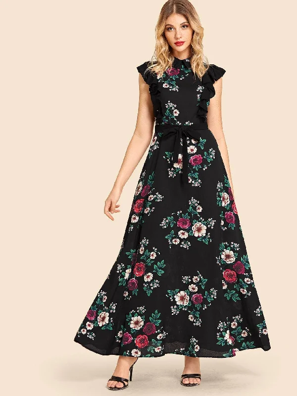 Ruffle Trim Tie Waist Floral Maxi Dress Stylish One-Shoulder Maxi Dress