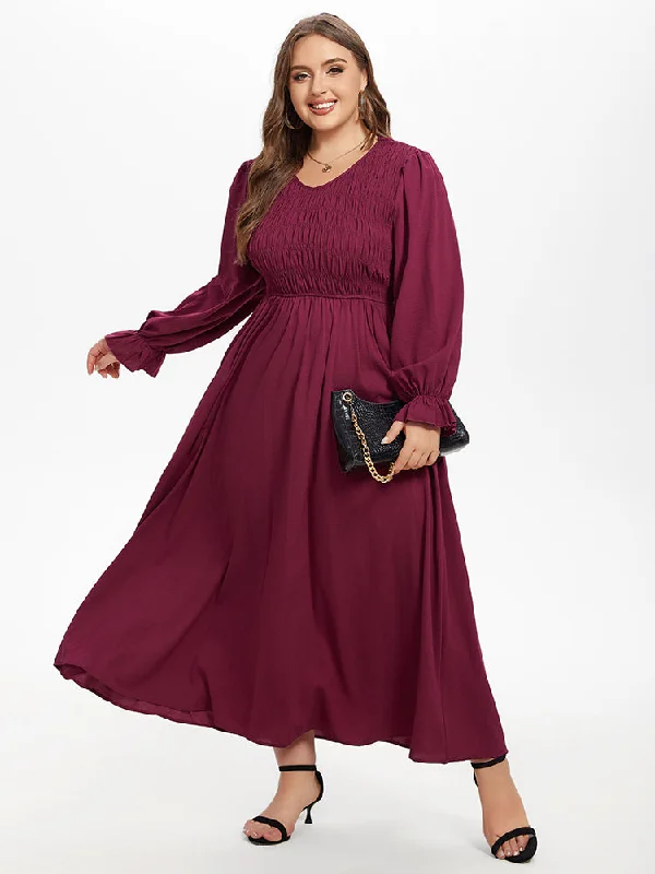 Flounce Sleeve Ruffled Shirred Maxi Dress Casual Maxi Dress with Pockets