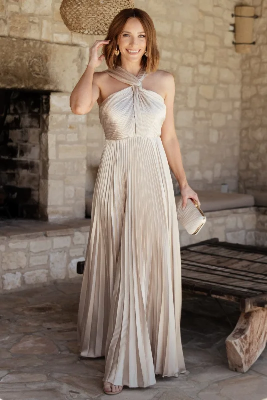 Sandra Pleated Maxi Dress | Champagne Fashionable Chiffon Maxi Dress