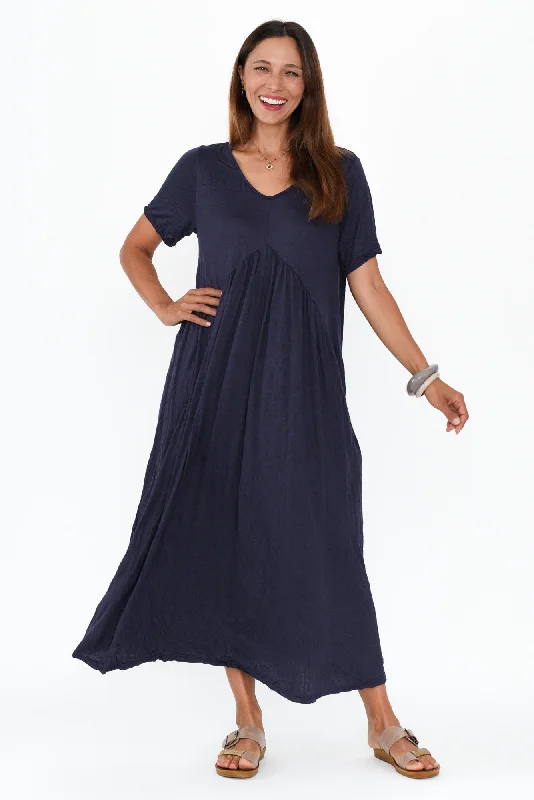 Savannah Dark Navy Crinkle Cotton Maxi Dress Trendy Short Sleeve Maxi Dress