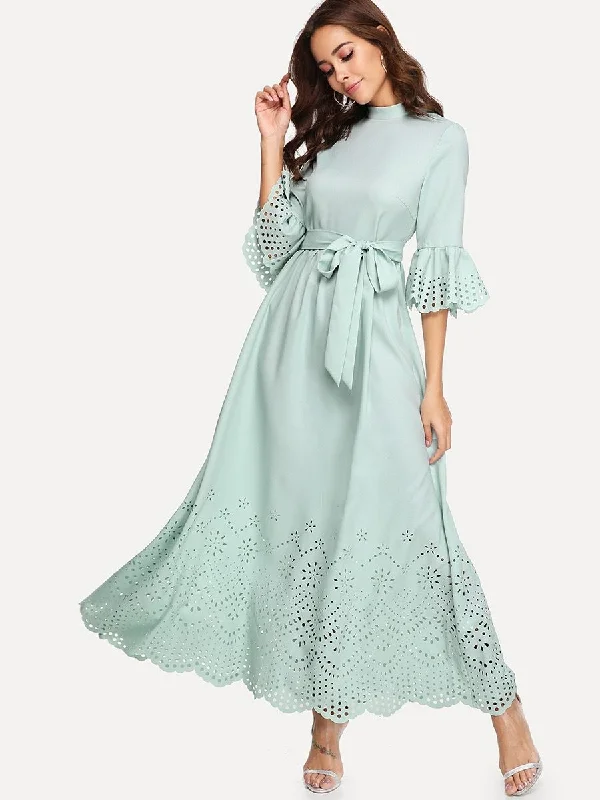 Scalloped Laser Cut Self Belted Maxi Dress Chic Button-Up Maxi Dress