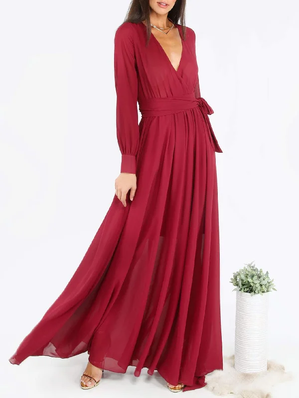 Self Tie Surplice Flowy Maxi Dress Stylish Pleated A-Line Maxi Dress
