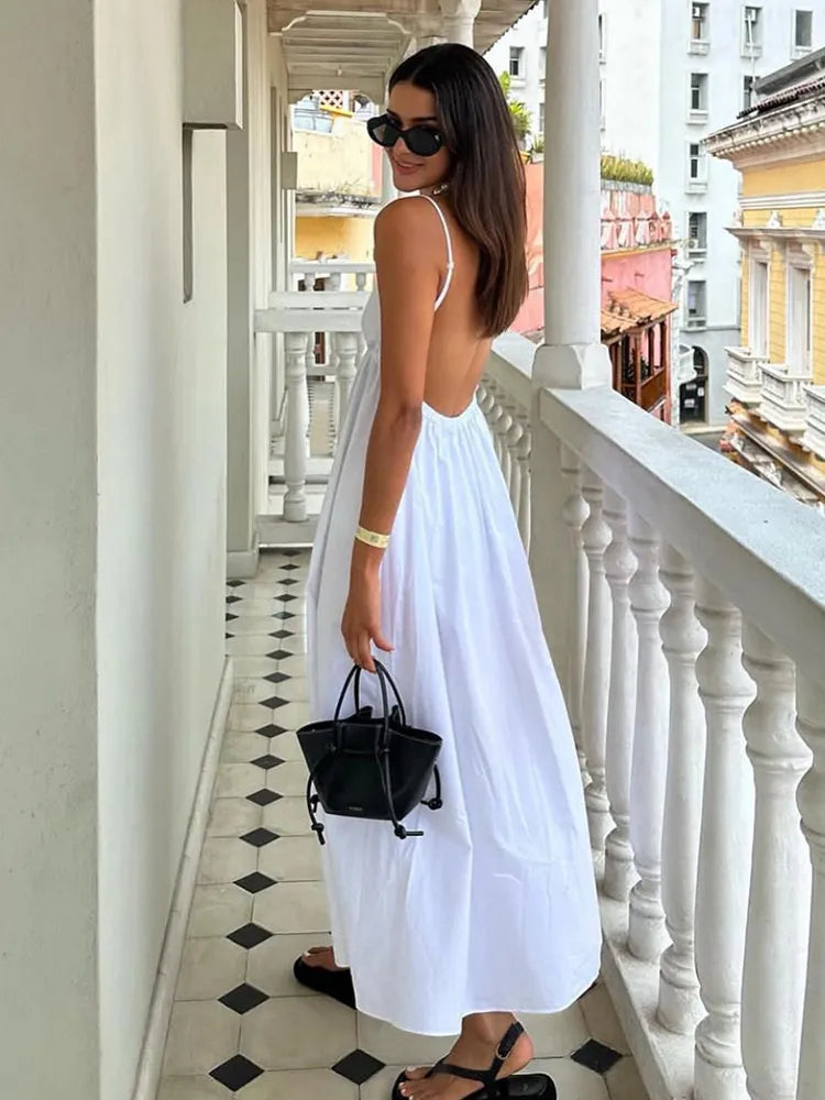 A&A Backless White Spaghetti Strap Maxi Dress Comfortable Ruffle Hem Maxi Dress
